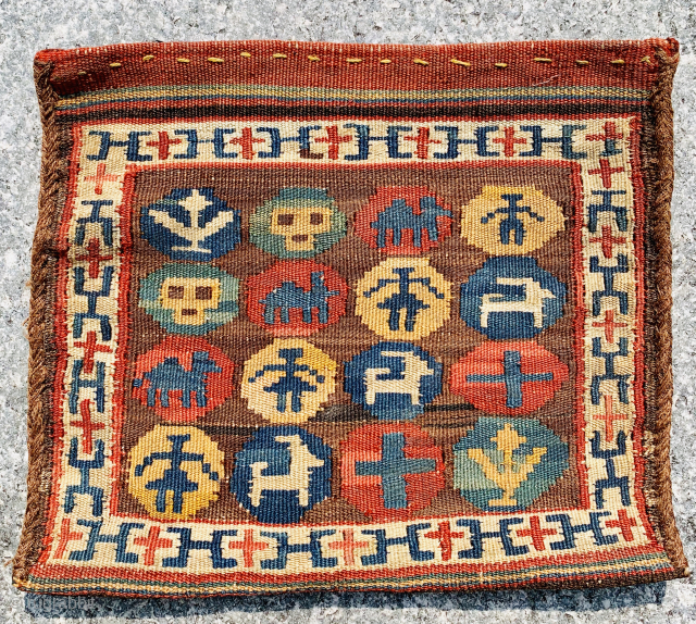very fine and rare shahsavan bag 1870 circa.beautiful colors and design,size26x22cm                      