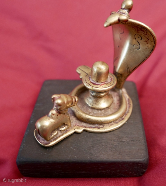 Antique Miniature Brass Shivalingam,  S India;  19th c Shivalingam incorporating the Naga and Nandi bull associated with Shiva.  A little jewel...notice the balance and proportions of the piece.   ...