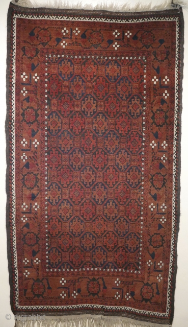 
Antique Baluch rug,  circa 1880,  likely Torbat-e-Haldari,  from the Mahvalet region of NE Persia,  with a fine rendering of Mina Khani florals in the border.  Organic dyes.  ...