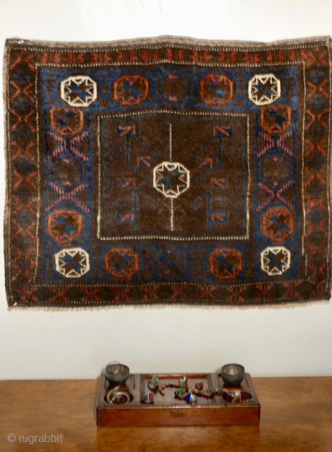 Very fine Baluch bag face,  NE Persia,  later 19th cent.,  with organic dyes of electric blue and orange,  a lovely green(slightly oxidized after a hundred years),  two  ...