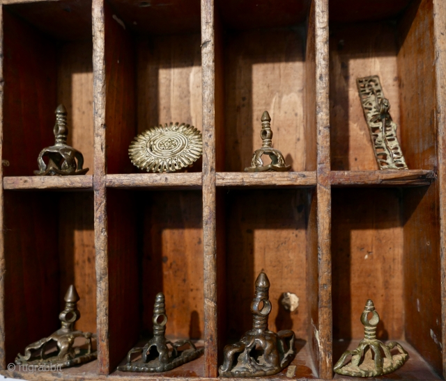 Antique Hindu Sacred Stamps,  used to imprint sacred symbols on the devotee's body..  Handmade of brass and used with such devotion and for such long periods that they've acquired that  ...