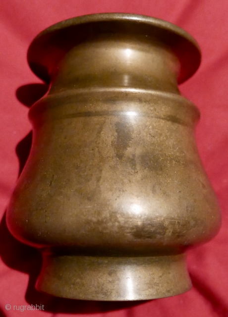 Lovely antique S Indian brass holy water vessel;  excellent condition with a warm patina; 4 3/4"H x 4"W.  Acquired late last century in Pondicherry,  S India.    