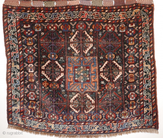 Very fine Qashqai/Khamseh bag face,  circa 1900;  natural dyes but for one hot red;  wonderful condition with slight oxidation of the reddish central medallion;  handspan wool. 33' x  ...