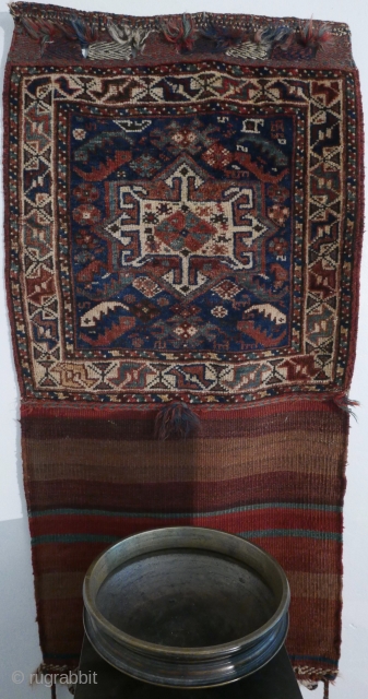 Complete and beautiful,  this antique Khamseh bag is from SW Persia,  circa 1910,  with lovely natural dyes,  front and back;  in excellent condition and with high pile;  ...