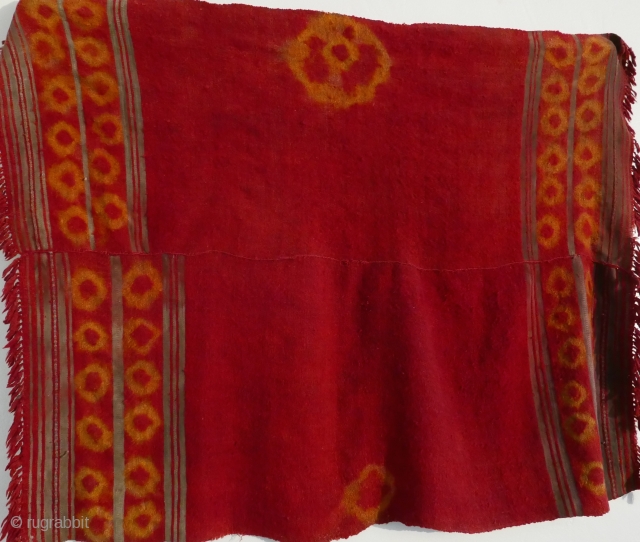 Shawl (Ling-chay),from Spiti,  a high Himalayan valley in the state of Himachal Pradesh,  Lahaul region,  just below Tibet.  Handspun, tie-dyed,  yak wool.   3'3"x2'7".  Old  ...