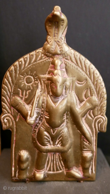 17th c Hindu Shaivite icon of 'Virabhadra',  the fierce and frightening aspect of Lord Shiva by which He punished those who disrespected Him;  brass;  6"H x 3.5"W or 15cm  ...