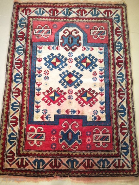 Caucasian kazak prayer rug circa 1900, size 122x90cm.                         