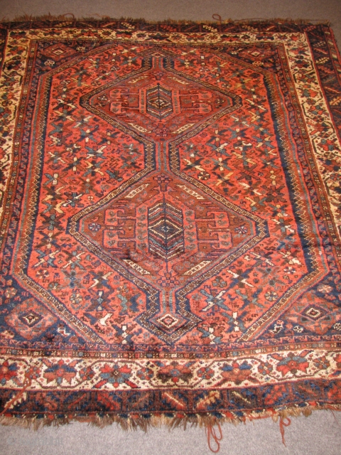 Antique Qashqai?Shiraz?19th Centry Rug.top quality wool,all naturel colours,in good condition for its age.wonderful drawings and the shape is rare because it is squarish.a real collectors item.please feel free to email me.thank you 