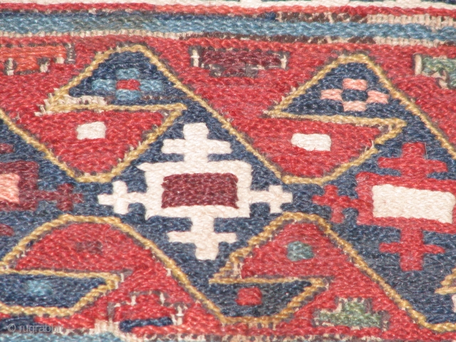 amazing soumak mafrash panel.wonderfull naturel colours.it is wool and the white is cotton.great blue and other colours.it has a hole and some damage on the border part that you can see on  ...