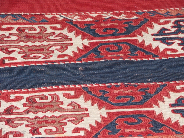 very beautifull anatolian ala chuval.it has mainly wonderfull red and blue.the white colour is cotton and the rest is wool.it has some damages and warn out parts.the design is very beautifull like  ...