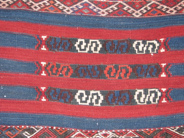 antique kurdish kilim.this lovely piece has kilim,jijim(verneh),soumack work on it.it has top quality wool and wonderfull colours.it has all the great colours what a real piece should have.it has some damages but  ...