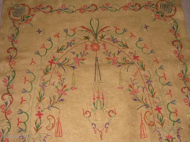 Anatolian Handmade Felt.it has naturel brown colours(camel?)and very beautiful embroidery.some are with metal.it has a beautifull mihrab and and oil lamb,tree of life.real Ottoman figures.the place where the feet should be while  ...