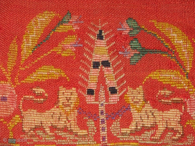 wonderfull art with Embrodry work over a kilim .cecim(jijim) or zili work.anatolian?europian?it is like a painting.they look like Hittite Lions between a tree of life.very rare and special.thank you    