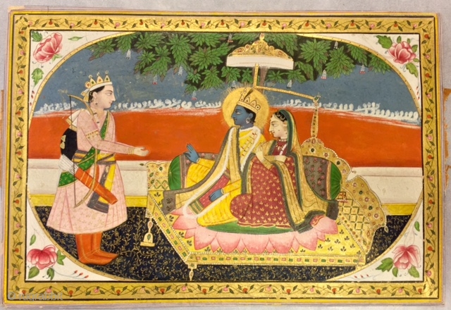 old vintage paper miniature painting with the subject of rama laxman and sita hand painted with stone colours and used real gold leaf work.         