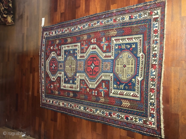 Beautiful unique Shirvan, second half of 19th century, 160 x 114 cm, pile intact, but the back wool completely etched away.            