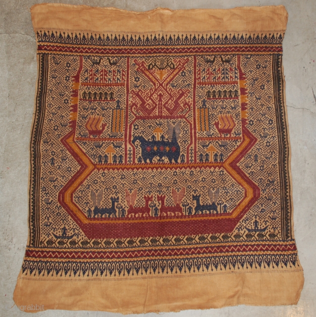 Ceremonial tampan ship cloth woven in supplementary-weft with various stylized figures, soul ships and geometric designs in predominantly blue and browns from Lampung Sumatra, cotton with natural dyes. 19c,  26" x  ...