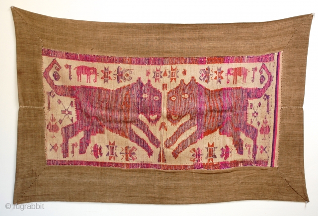 Lao-Tai Textile Cloth  Khiao Ser (Tiger) pair used by Shamans during healing and funerary ceremonies to attract powerful and protective spiritual forces. woven with silk on cotton. 50" x 33"  