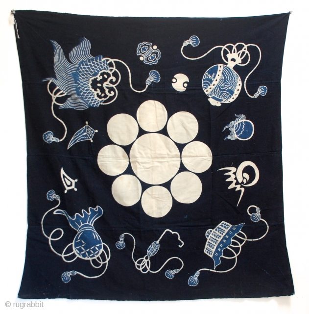 A wonderful large Tsutsugaki Furoshiki indigo dyed hand-spun cotton printed design of a family crest. 
This is an old furoshiki, a square-shaped cloth that was used all over Japan for wrapping, hauling  ...