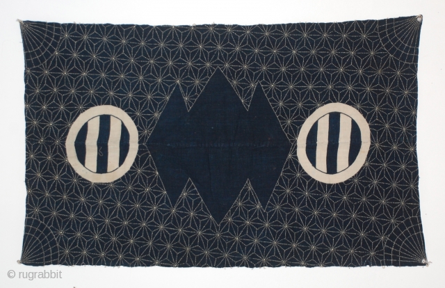 Sashiko Furoshiki with beautiful detailed sashiko (quilting) on front and seen on back, of indigo hand-spun cotton. Japan, early 20th century and in excellent condition. 
38" x 24"     