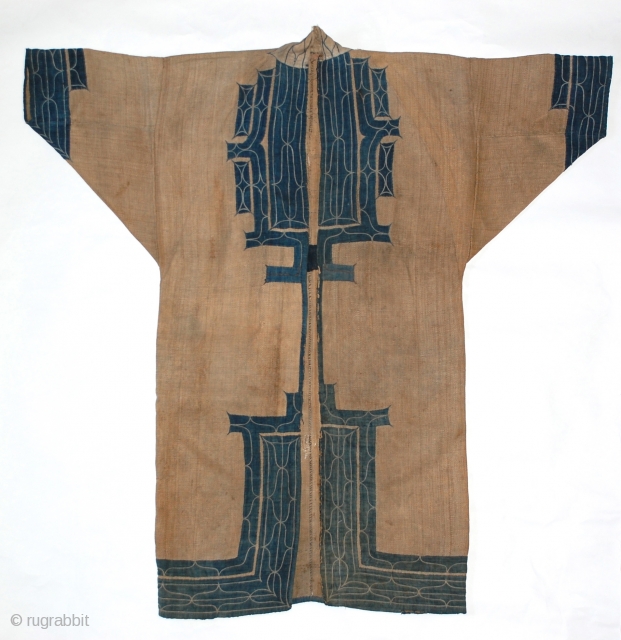 Late 19th century Ainu ceremonial robe

elm bark fiber, indigo dyed cotton, silk threading, approx. 44" (length) by 46"

The ancestors of the Ainu were a Neolithic aboriginal Eurasian people who occupied Japan before  ...