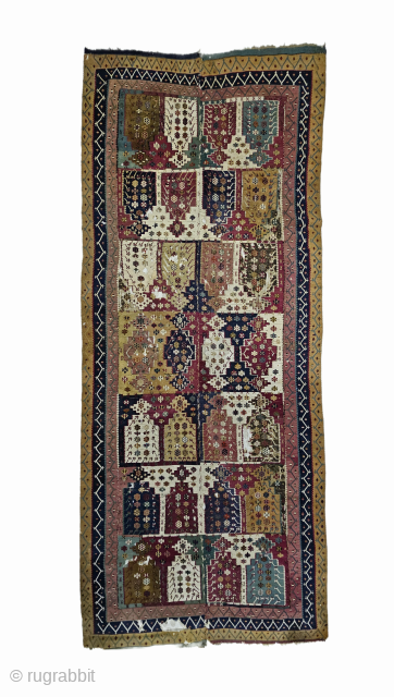 Size ; 135 x 340 cm
A masterpiece from the 18th century...
​This rare "Reyhanlı Kilim" is a living witness to Anatolian weaving history. Known as the "Thousand and One Nights" (Binbir Gece) pattern,  ...
