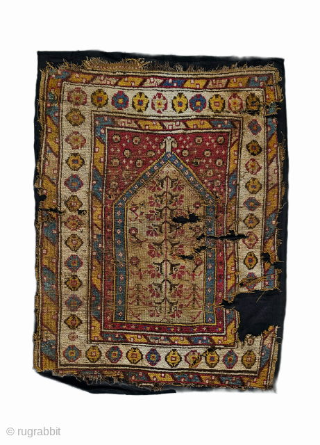 Manastır, early 1800s.
​A rare survivor. This 114x140 cm carpet fragment, now carefully mounted on textile, showcases the intricate geometry and earthy dyes of the Balkan weaving tradition. A masterpiece of history for  ...