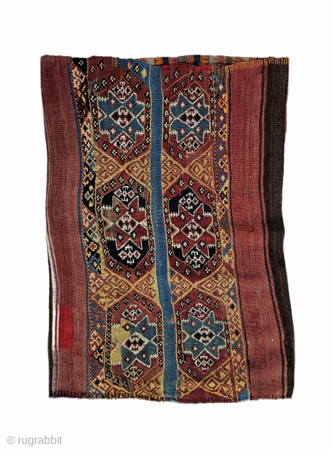 Size ; 80x110 cm
East anatolia, Malatya (Arapgir)
Dowrybag. 
Traditionally, metal threads were often woven into bridal (dowry bags) like this one. The presence of these threads—crafted from gold, silver, or copper—was a subtle  ...