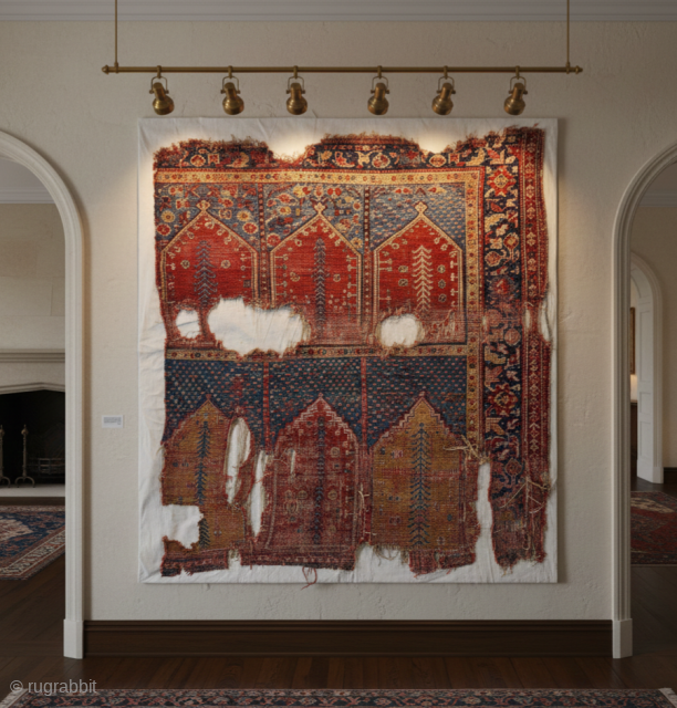 Size ; 225 x 240cm
West anatolia , Ushak
Sitting across from this magnificent Ushak rug, a silent witness to centuries of history, with my coffee in hand. Each thread whispers tales that stretch  ...