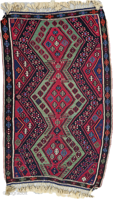 Size ; 103 x 175 cm
East anatolia, Malatya 
A rare glimpse into 19th-century Anatolian artistry. 
​This mid-1800s Malatya Kilim is more than just a textile; it's a historical record of craftsmanship and  ...