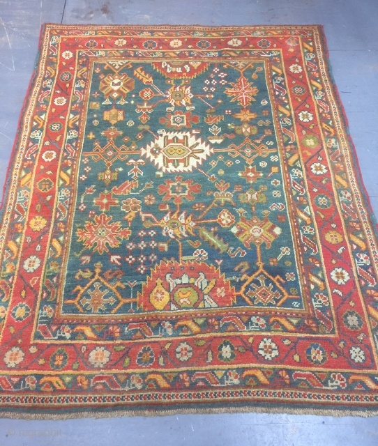 Antique handmade Turkish Oushak Rug,all in natural,low pile,Some professional Old repairs,Clean,soft,more than 100 years old,Size:252cm by 194cm                