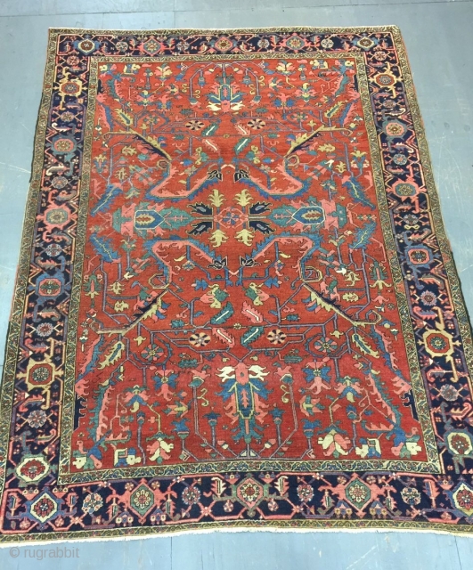 Antique Handmade Persian Heris Serapi Rug,all in natural,some old repairs,Clean,Attractive Design,Low pile,More than 100 years Old,Size:303cm by 235cm               