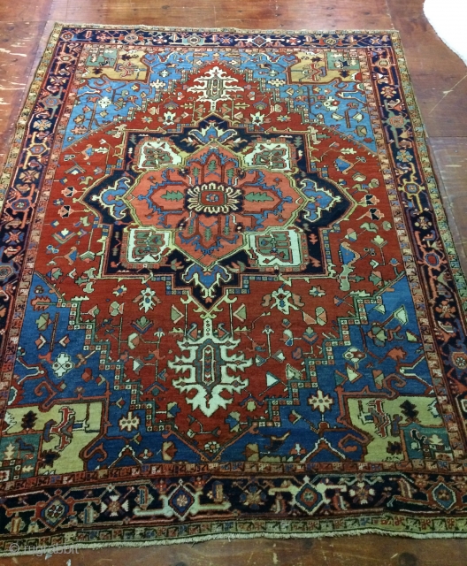 Antique,Old,Used,persian,Handmade,Heriz,wool,rug,Attractive Design,Low pile,Clean,Soft,Size:315 Cm by 240 Cm,Size:10.3 ft by 7.8 ft,Ca:1920                      