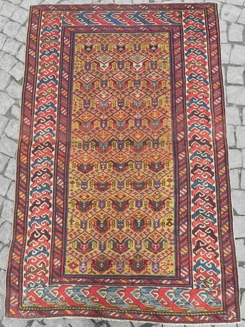 Antique yellow ground Caucasian Shirvan Rug with silk foundation, 5.5 x 3.5 ft (168x107 cm), good condition, 19th Century.              