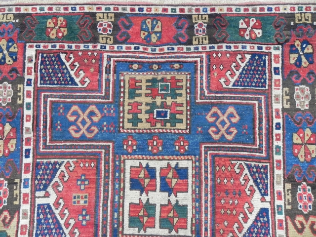 Early Caucasian Kazak Rug, 86x57 inches, Splendid Colors and a rare design with elements of various weaving areas in the Caucasian Mountains, lustrous wool pile on wool foundation, floppy handle, nice and  ...