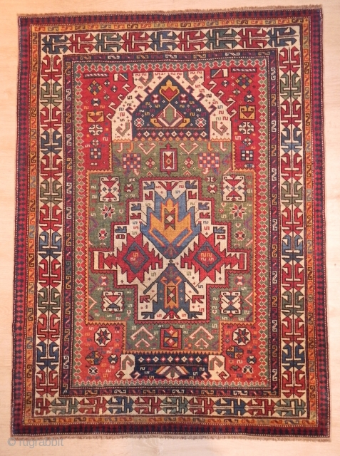 Caucasian Shirvan Prayer Rug, wonderful design and attractive colors, mid 19th century, good condition with minor restoration, before/after images available if requested, 65x53 inches.         