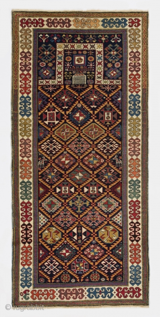 An Exceptional Akstafa prayer rug, 36x76 inches (91x192 cm). Perfect condition, all original as found, ca late 19th Century.              