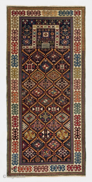 An Exceptional Akstafa prayer rug, 36x76 inches (91x192 cm). Perfect condition, all original as found, ca late 19th Century.              