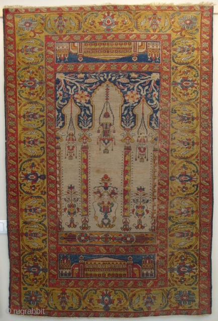 A Rare East Anatolian (Fertek) Prayer Rug depicting possibly a church!??, possibly woven by Anatolian Greek Artisans, 5.9 x 3.8 ft (180x117 cm), late 19th century, original good condition despite slight losses  ...