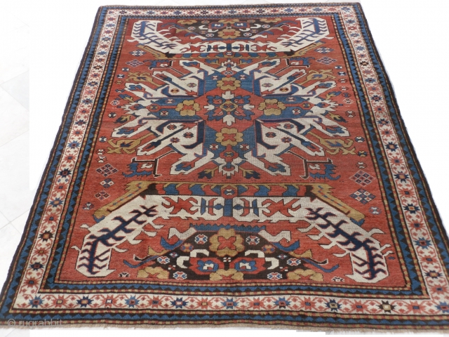 Antique Caucasian Chelaberd (so called Eagle Kazak) Rug from Karabagh, 6.9 x 5.5 ft,  rare single medallion design, very good condition with near full pile, one small old crease repair in  ...