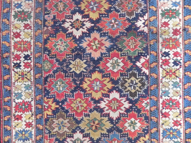 just in! An out of this world Caucasian Kuba Star&Rosette Runner (snowflakes?), wonderful colors, good original condition as found, fresh from a US Estate, 3.6 x 13.5 ft (110x412 cm), mid 19th  ...