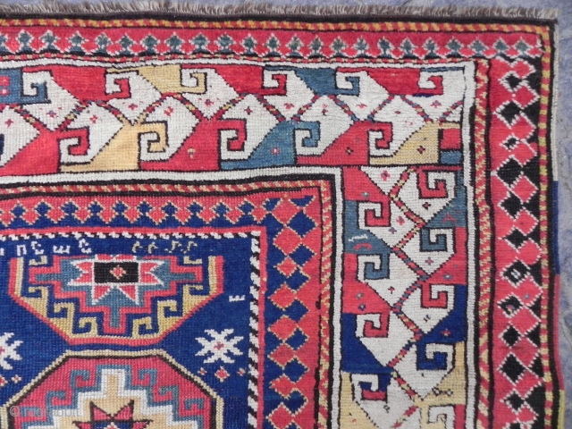 Antique Caucasian Kazak Rug, possibly Armenian, 3.11x7.4 ft, inscripted as seen, second half 19th Century,  stock no: 2011206              