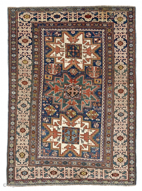 Wonderful tribal Lesghi Rug, Kuba region, North East Caucasus. Late 19th Century. 3.8 x 5.2 ft  (111x157 cm)              