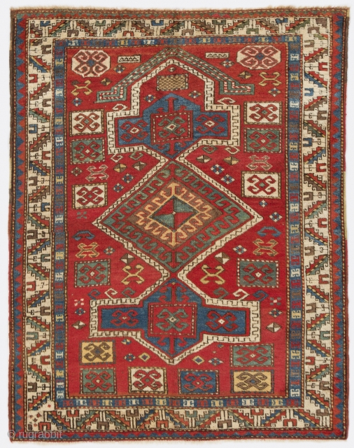Caucasian Fachralo Kazak Prayer Rug, 3.8 x 4.9 ft. (113x145 cm), late 19th Century. Very good condition with near full pile.            