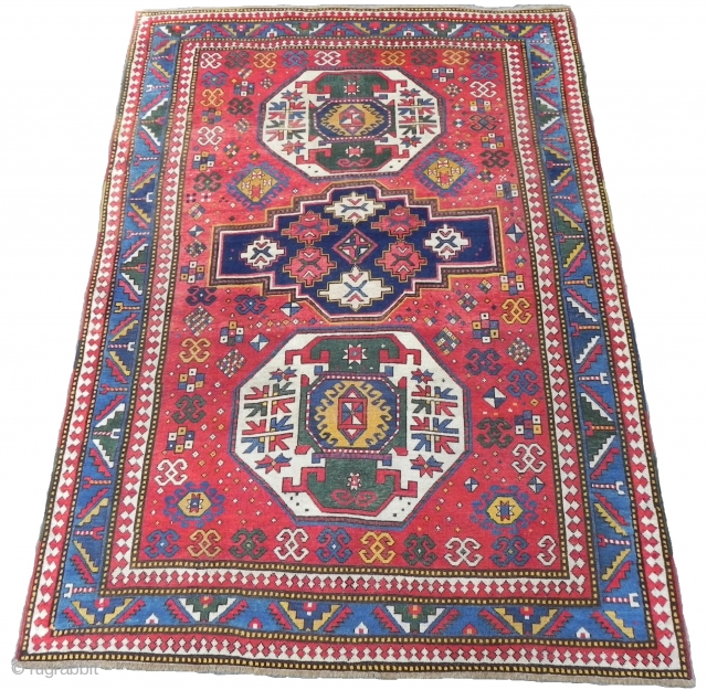 An Early Caucasian Lori Pambak Kazak Rug with ivory wefts, 6.8x5.4 ft (207x165 cm). Striking colors, powerful design!, good size.             