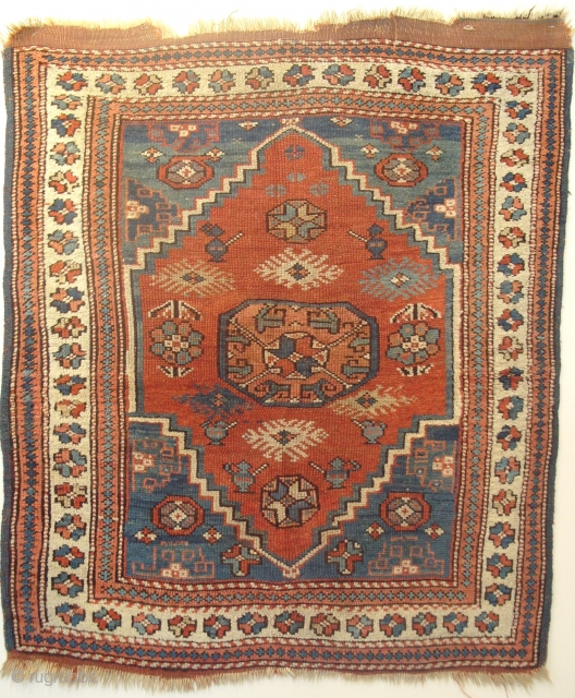 A Kozak Rug, West Anatolia. Bergama Region, ca 1880, Original good condition. 38x46 inches. Pictures taken indoor, looks much better in flesh.. www.rugspecialist.com          