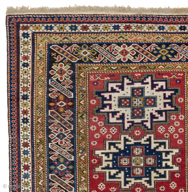 Antique Caucasian Chi Chi Rug with Lesghi Stars (or a Lesghi Rug with Chi Chi border?). 4x6.3 Ft (120x190 cm), ca 1890-1900. Original braided ends, sides and foundation, minor insignificant repiling on  ...