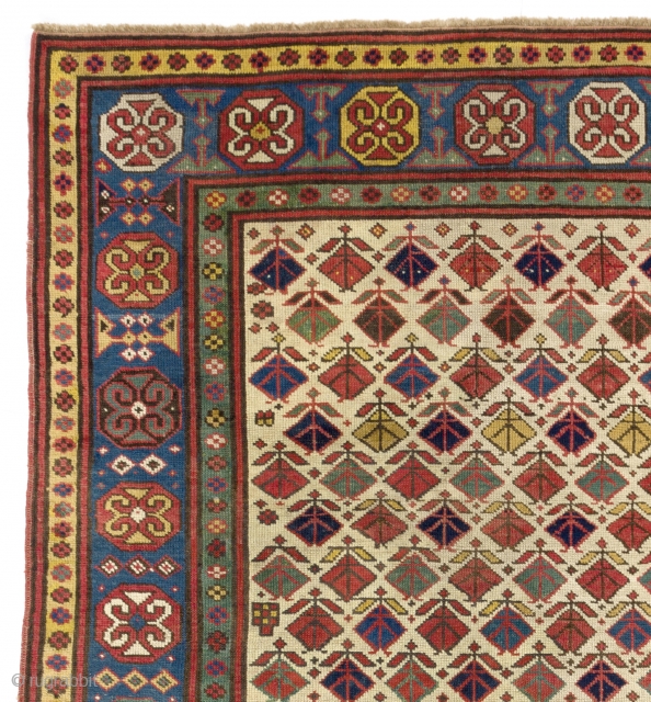 Colorful Antique Gendje Rug on Ivory ground, Southern Caucasus, ca 1880, 4.1 x 7.6 Ft  (125x230 cm)               