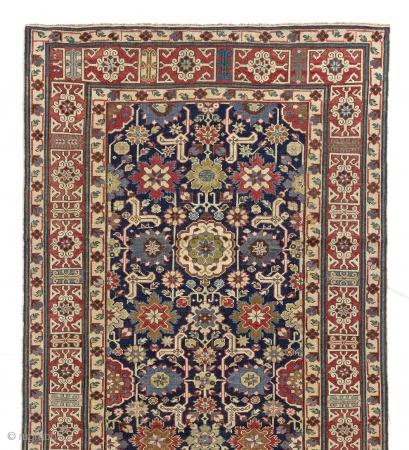 Exceptional Antique Afshan Kuba long Rug with kufic border, Northeast Caucasus, first half 19th century, 
127x284 cm (4'2" x 9'4"). Please contact for more info.        
