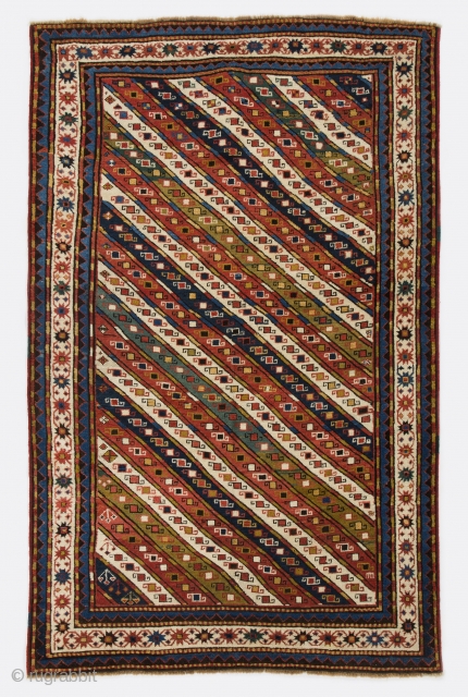 Antique Caucasian Karabagh Kazak Rug with colorful diagonal stripes. 
4.6x7.1 Ft (138x217 cm, inventory no: 4324). Ca late 19th Century, good original condition.          