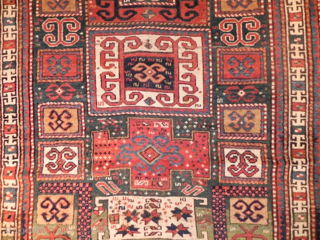 Antique green field Caucasian KARACHOPT Kazak Rug, 4.2 x 8.1 ft (128x247 cm), ca 1875, very good original condition, no repairs, would benefit from a light wash. (also called Karachov, Karatchoph, Karatchopf  ...